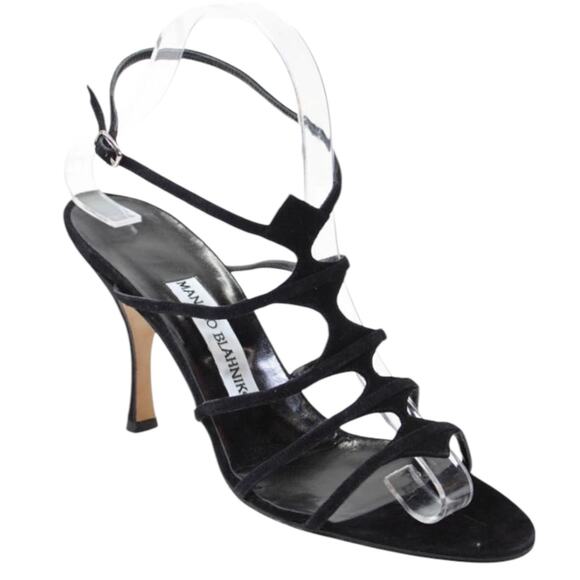 Manolo Blahnik Black Strappy High Heel T Strap Sandal with Dust Bag-size 38.5 - Picture 1 of 10